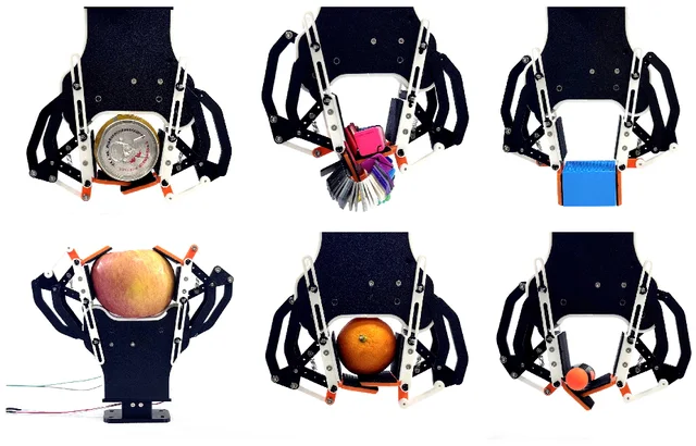 Semi-Peaucellier gripper grasping six objects of different shapes and sizes